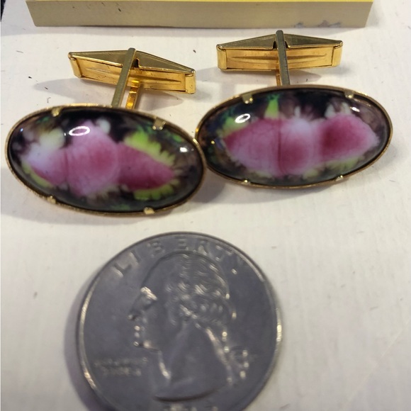 VINTAGE cuff links RHODONITE pink flowers WEDDING PROM - Picture 2 of 3